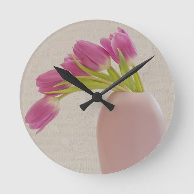 Pink Tulips And Lace Round Clock (Front)