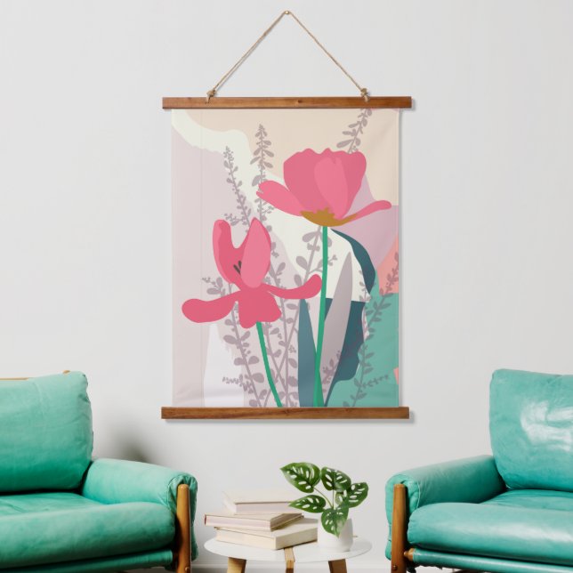 Pink Tulips Artistic Modern Colour Blocks    Hanging Tapestry (Living Room)