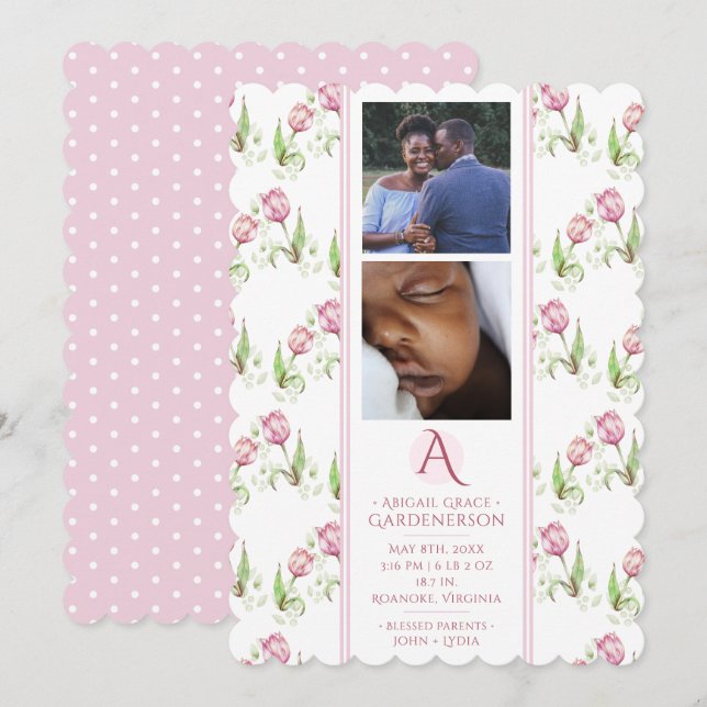 Pink Tulips Baby Girl  Announcement (Front/Back)