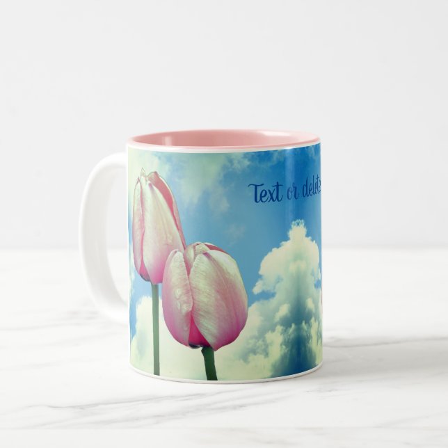 Pink Tulips Blue Sky Personalised Nature  Two-Tone Coffee Mug (Front Left)