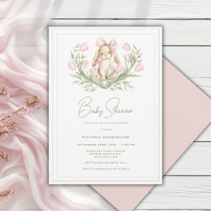 Pink Tulips Bunny Ribbon Baby Shower Invitation