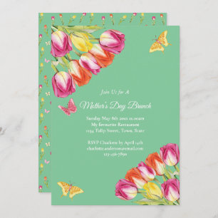 Pink Tulips & Butterfly Mother’s Day Brunch Green  Invitation