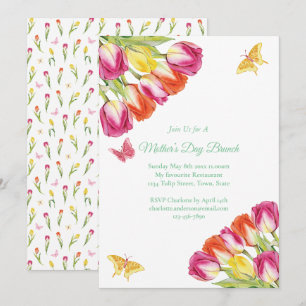 Pink Tulips & Butterfly Mother’s Day Brunch White Invitation