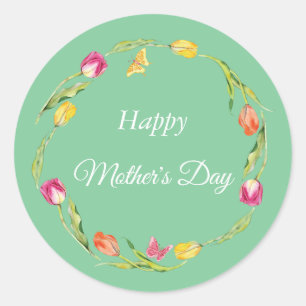 Pink Tulips & Butterfly Mother’s Day Green  Classic Round Sticker