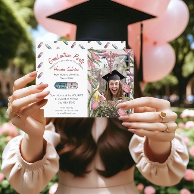 Pink Tulips & Capsules Nurse Graduation invitation Postcard (Creator Uploaded)