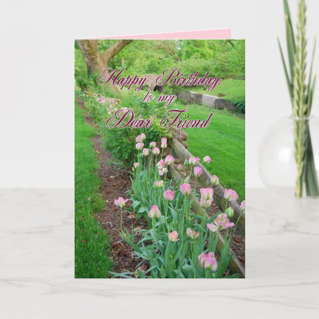 Pink Tulips Dear Friend Happy Birthday Card (Front)