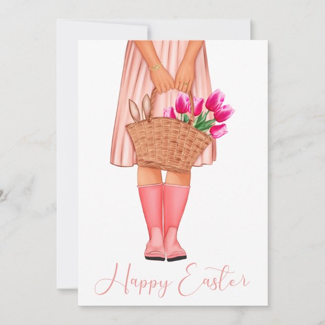 Pink Tulips Fashion Girl Happy Easter (Front)