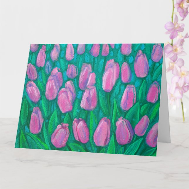 Pink Tulips Field, Spring Flowers Floral Painting Card (Orchid)