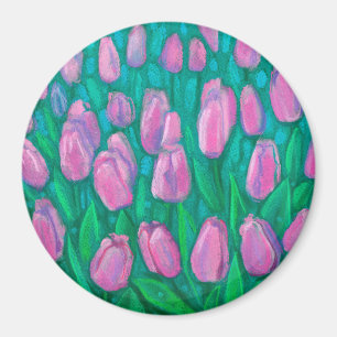 Pink Tulips Field, Spring Flowers Floral Painting Magnet