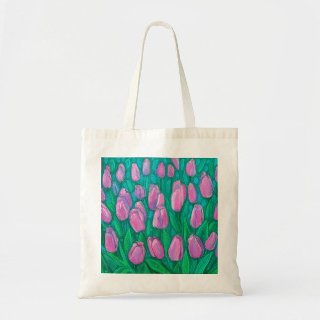 Pink Tulips Field, Spring Flowers Floral Painting Tote Bag (Front)