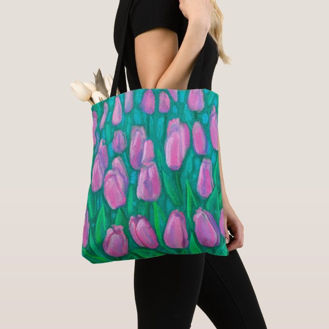 Pink Tulips Field, Spring Flowers Floral Painting Tote Bag (Close Up)