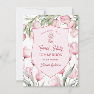 Pink Tulips First Holy Communion Invitation