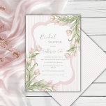 Pink Tulips Floral Elegant Vintage Bridal Shower Invitation<br><div class="desc">Beautiful watercolor fancy frame surrounding lovely fonts and scripts done in coordinating colors bridal shower invite. Cascading bunches of pink tulips on opposite corners create an elegant vintage feel. A pink tulips coordinated background with delicate green leaves. We added a soft pastel coordinating pink stripe background. A perfect bridal shower...</div>