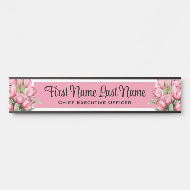 Pink Tulips Floral Office Door Signs Name Plate (Front)