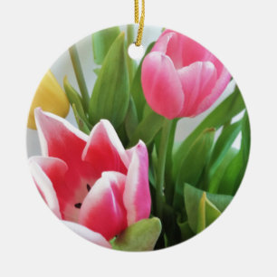 Pink Tulips, Floral Spring Bouquet, Flowers Ceramic Tree Decoration