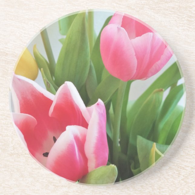 Pink Tulips, Floral Spring Bouquet, Flowers Coaster (Front)