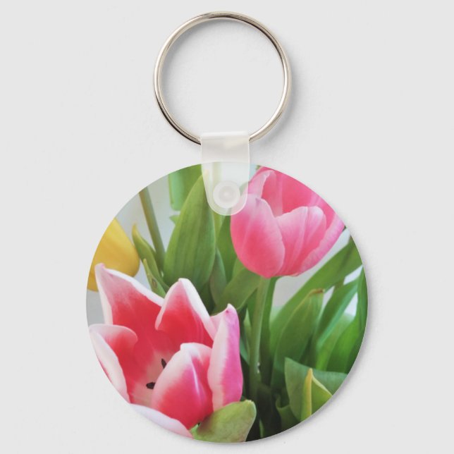 Pink Tulips, Floral Spring Bouquet, Flowers Key Ring (Front)