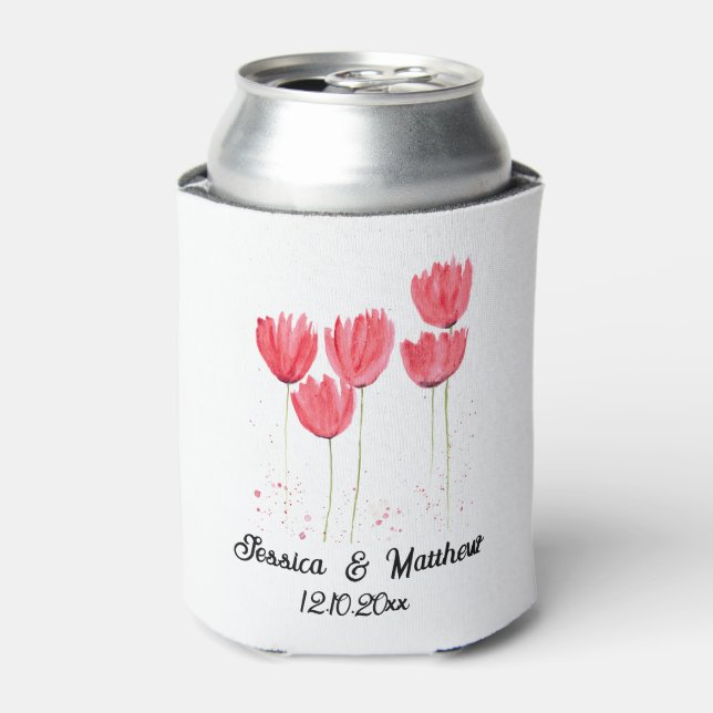 Pink Tulips floral Spring Rustic Weddings Can Cooler (Can Front)