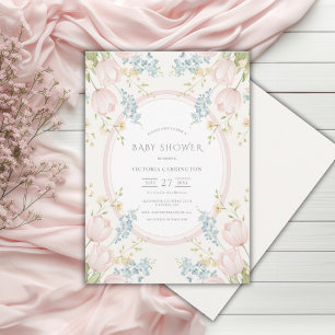 Pink Tulips Floral Vintage Baby Shower Invitation