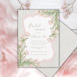 Pink Tulips Floral Vintage Sage Bridal Shower  Invitation<br><div class="desc">Beautiful watercolor fancy frame surrounding lovely fonts and scripts done in coordinating colors bridal shower invite. Cascading bunches of pink tulips on opposite corners create an elegant vintage feel. Faux sage green and white stripe background adds to the loveliness of this invitation. A perfect bridal shower invitation for any season....</div>