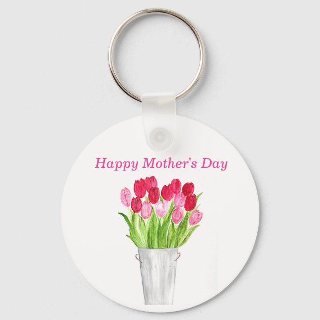 Pink Tulips floral watercolor elegant Mum Key Ring (Front)