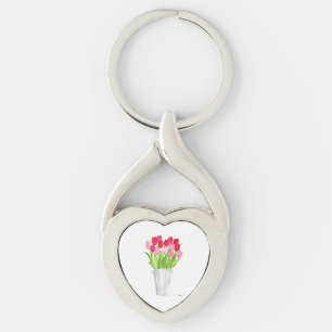 Pink Tulips floral watercolor elegant rustic Key Ring