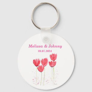 Pink Tulips floral watercolor elegant Wedding Key Ring