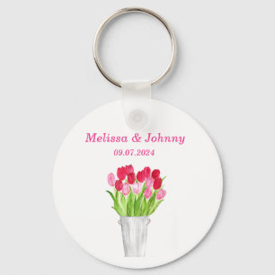 Pink Tulips floral watercolor elegant Wedding  Key Ring