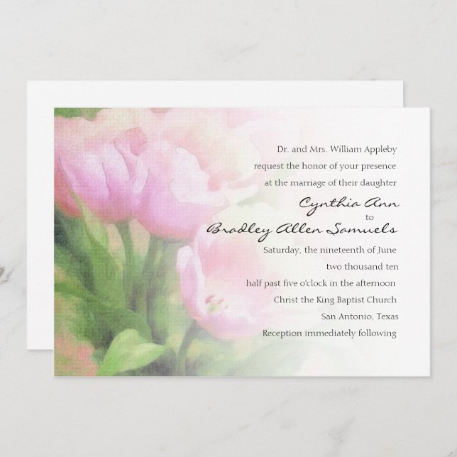 Pink Tulips Floral Wedding Invitation (Front/Back)