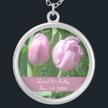 Pink Tulips Flower Necklace<br><div class="desc">These are pink tulips.  Makes a great gift for a loved one. Names and Date can be changed to your own. Just enter them in the text boxes to the right</div>