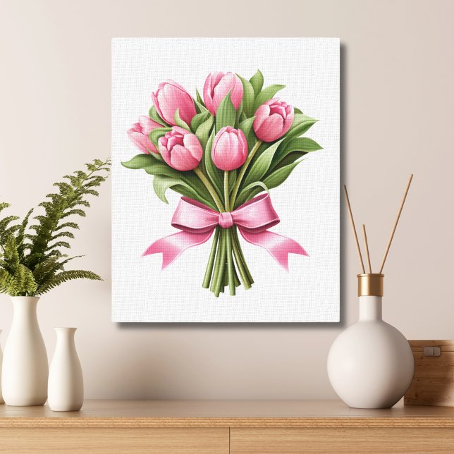 Pink Tulips Greenery Floral Flowers  Canvas Print (Bouquet of Pink Tulips Canvas Wall Art)