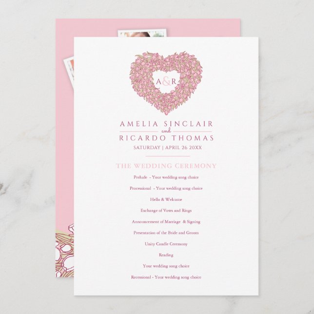 Pink tulips heart love story ceremony wedding programme (Front/Back)