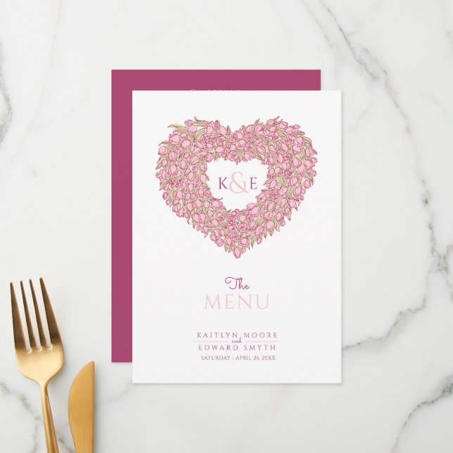 Pink tulips heart wreath monogram wedding menu (Front/Back In Situ)