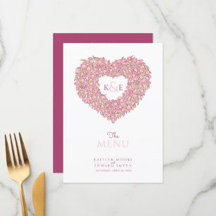 Pink tulips heart wreath monogram wedding menu