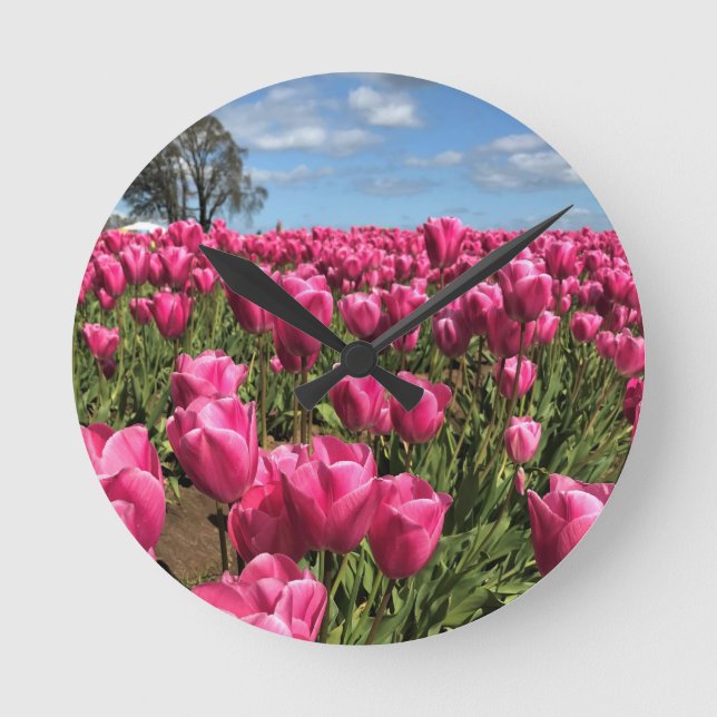 Pink Tulips in a Field, Oregon Round Clock (Front)