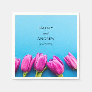 Pink tulips on a blue background napkin