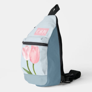 Pink Tulips on Pale Blue With Triple Monogram Sling Bag