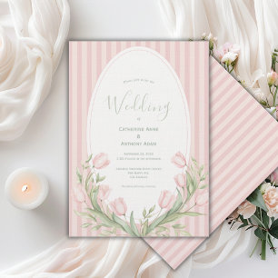Pink Tulips Pink Stripe Vintage Wedding Invitation