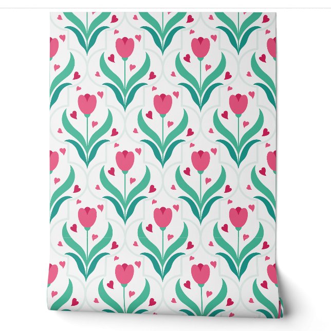 Pink Tulips Romantic Pattern Wallpaper (Unrolling)