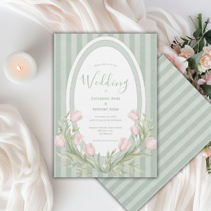 Pink Tulips Sage Green Stripe Vintage Wedding Invitation