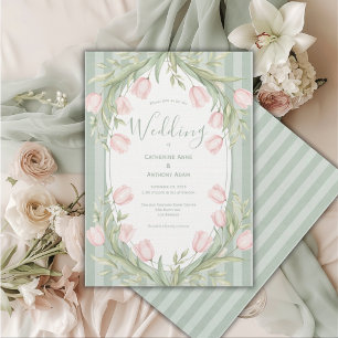 Pink Tulips Sage Green Stripe Vintage Wedding Invitation