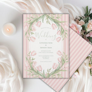 Pink Tulips Sage Green Stripe Vintage Wedding Invitation