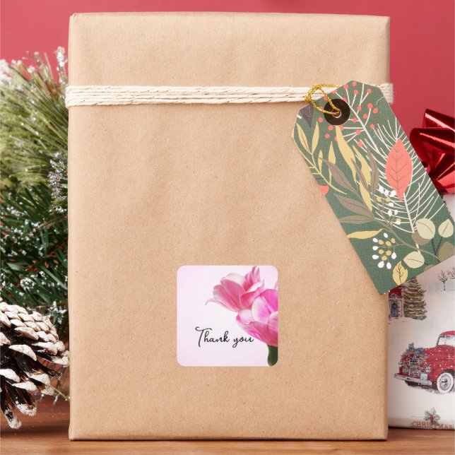 Pink tulips square sticker (Holiday)