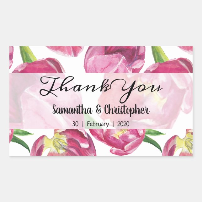 Pink Tulips Thank You Rectangular Sticker (Front)