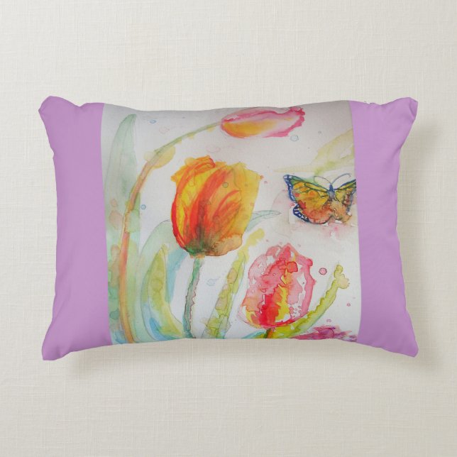 Pink Tulips Tulip Watercolor Decor Cushion (Front)