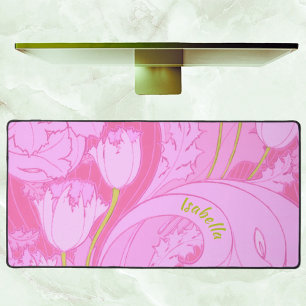 Pink Tulips Vintage Floral Print Feminine Desk Mat