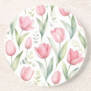 Pink Tulips Watercolor Floral Painting Botanical Coaster