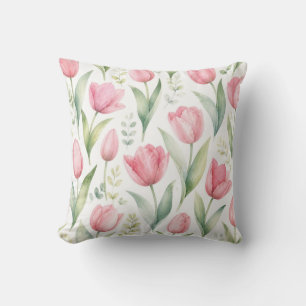 Pink Tulips Watercolor Floral Painting Botanical Cushion