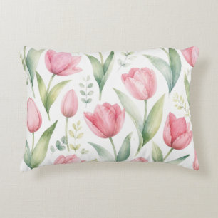 Pink Tulips Watercolor Floral Painting Botanical Decorative Cushion