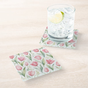 Pink Tulips Watercolor Floral Painting Botanical Glass Coaster